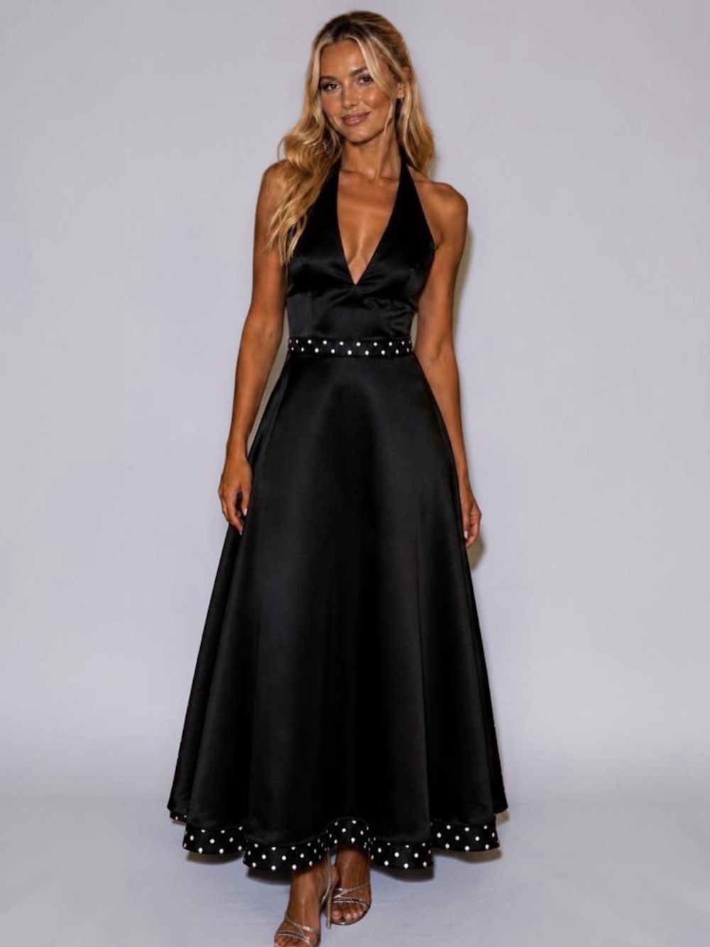 Jessica McClintock Gunne Sax Black Halter Formal Dress Gown Polka Dot 6 7 8 S M